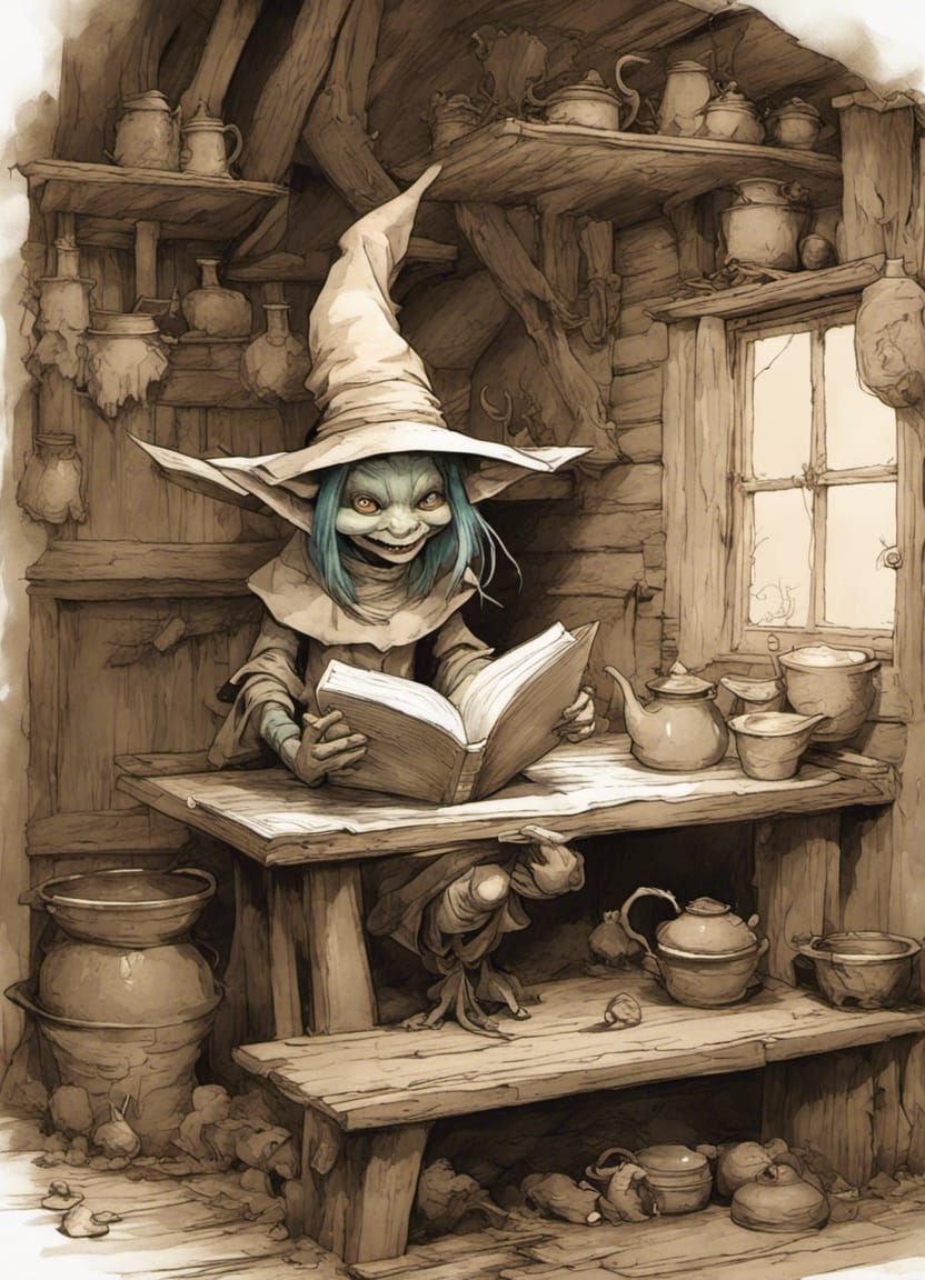 Fairytale Goblin Witch Reading in Cottage Kitchen