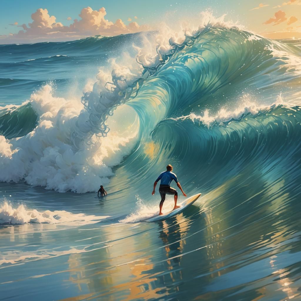 Impressionistic Surfer Riding a Wave in Sunny Weather
