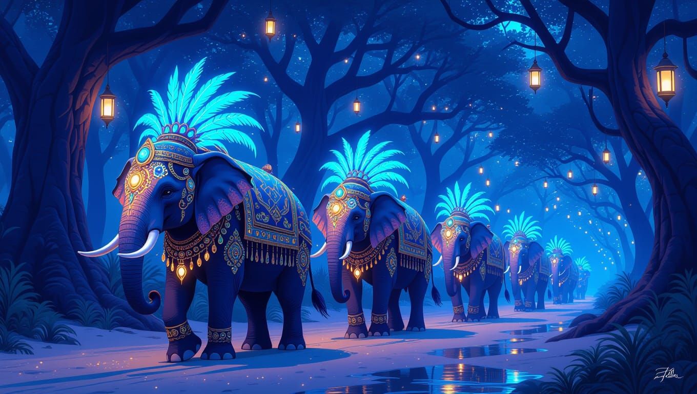 Elephants Parade in Enchanted Forest with Ethereal Lights
