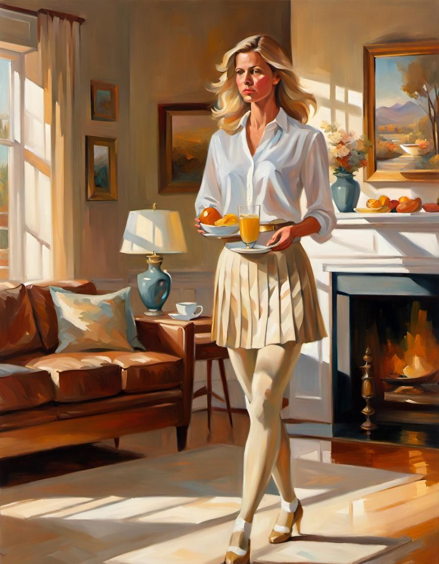 Woman with Breakfast in Living Room, Oil Painting