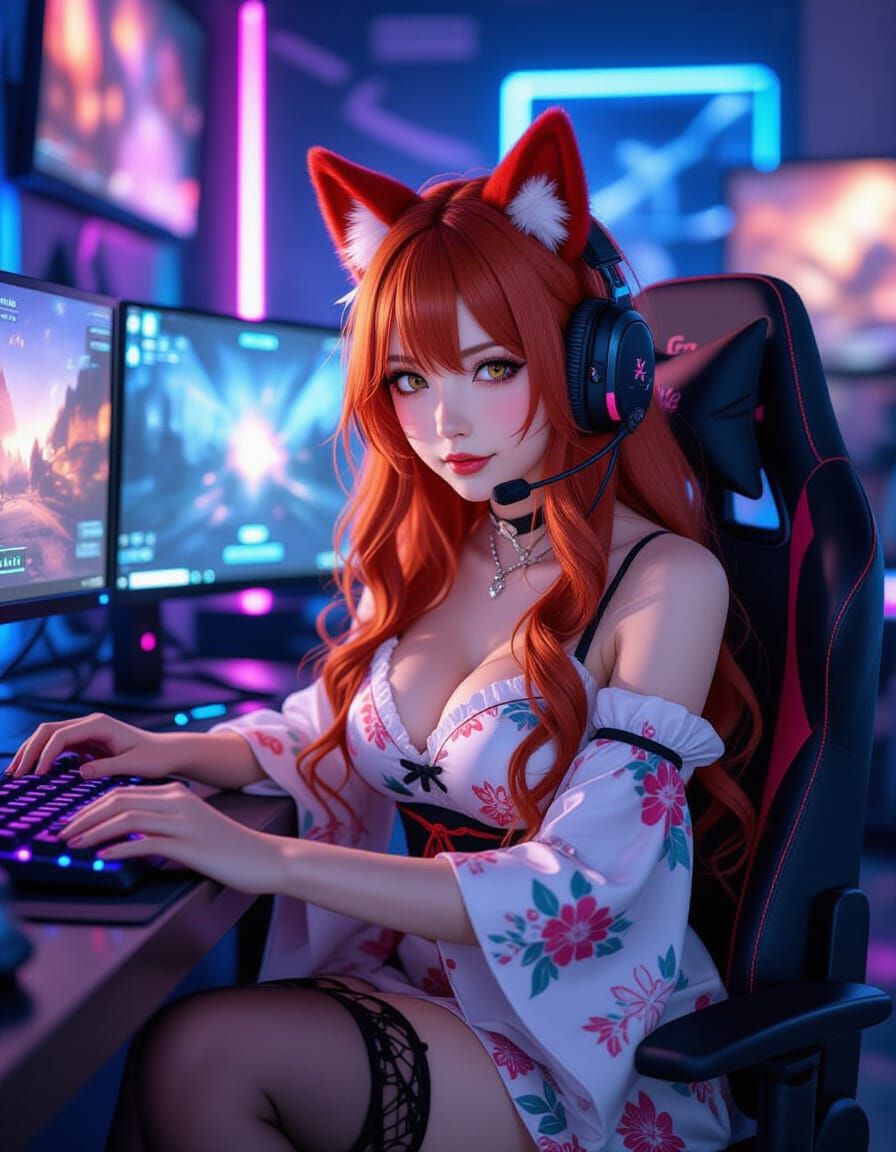 Redhead Gamer Girl in Japanese Dress with Foxy Ears