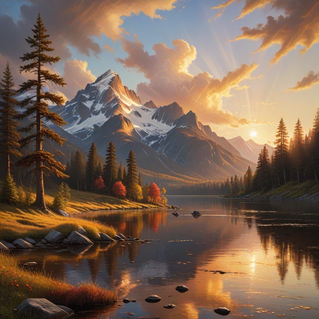 Majestic Mountain Range at Golden Hour Oil Painting