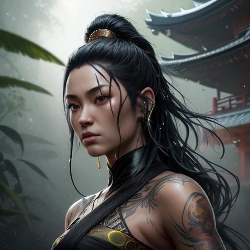 African-Japanese Ninja Princess Portrait in Fantasy Style