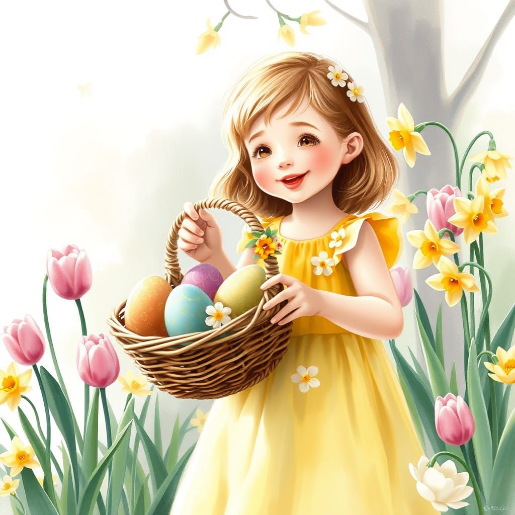 Whimsical Easter Scene in Pastel Watercolors