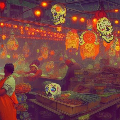 Skeletons at Market: Art Nouveau Concept Art