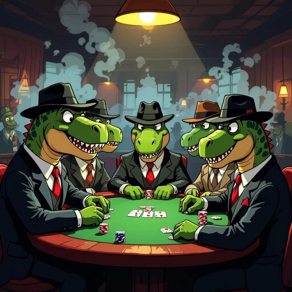Cartoon Dinosaurs Play Poker in Noir Comic Style