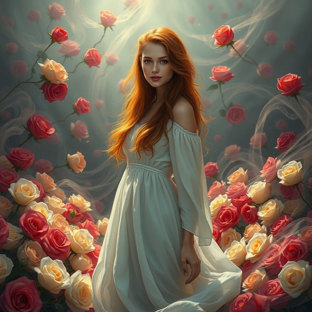 A romantic, painterly portrait of a woman standing amidst a ...