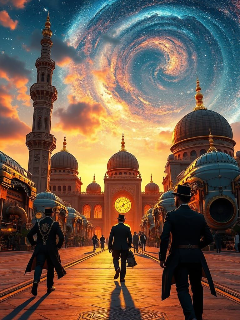 Steampunk Gentlemen Enter Islamic Spaceport at Dusk
