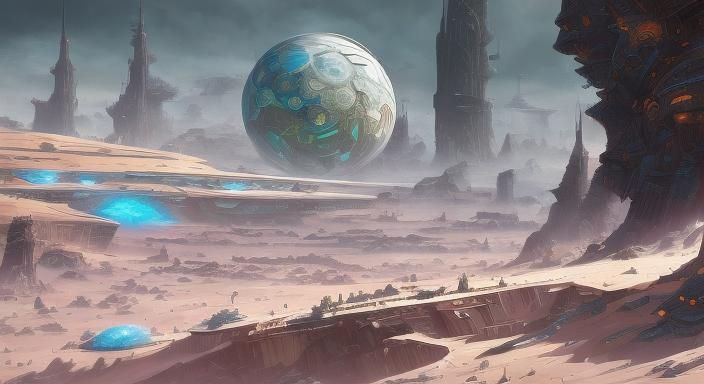 Intricate Alien Moon Puzzle with Mechanical Components