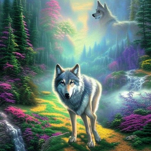 Ethereal Wolf Totem in Misty Fantasy Landscape