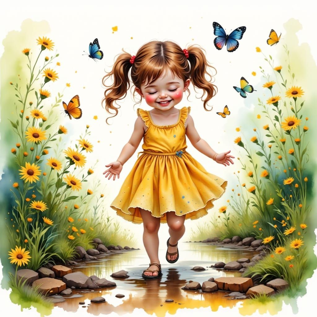 Whimsical Watercolor Portrait of a Happy Girl in the Mud