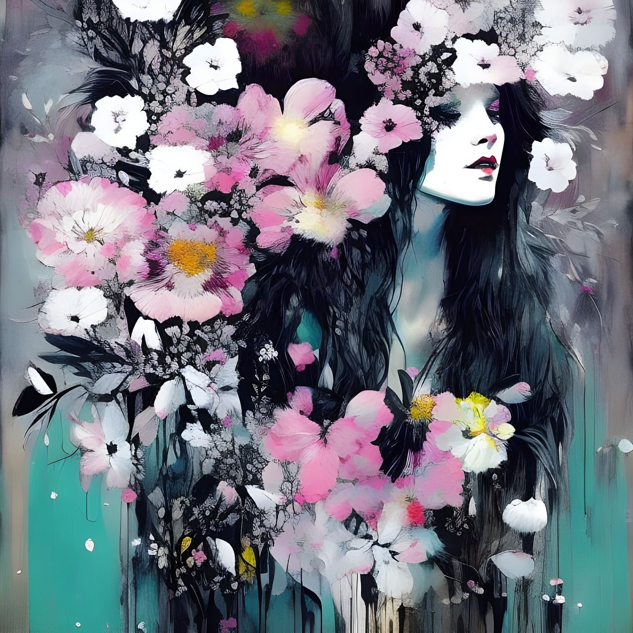 Ghost Woman Portrait with Flowers, Fine Art Style