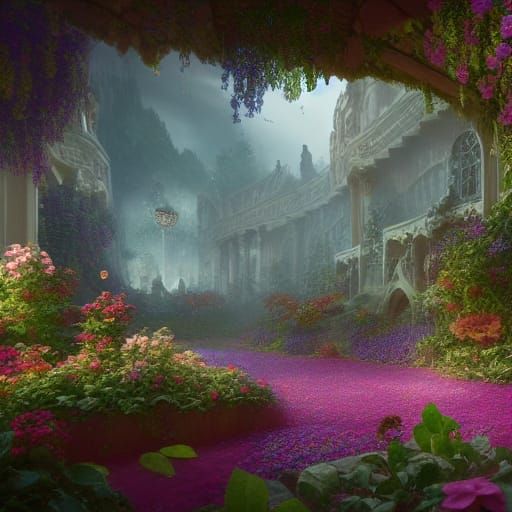Fantastical Floral Library in Detailed Matte Painting