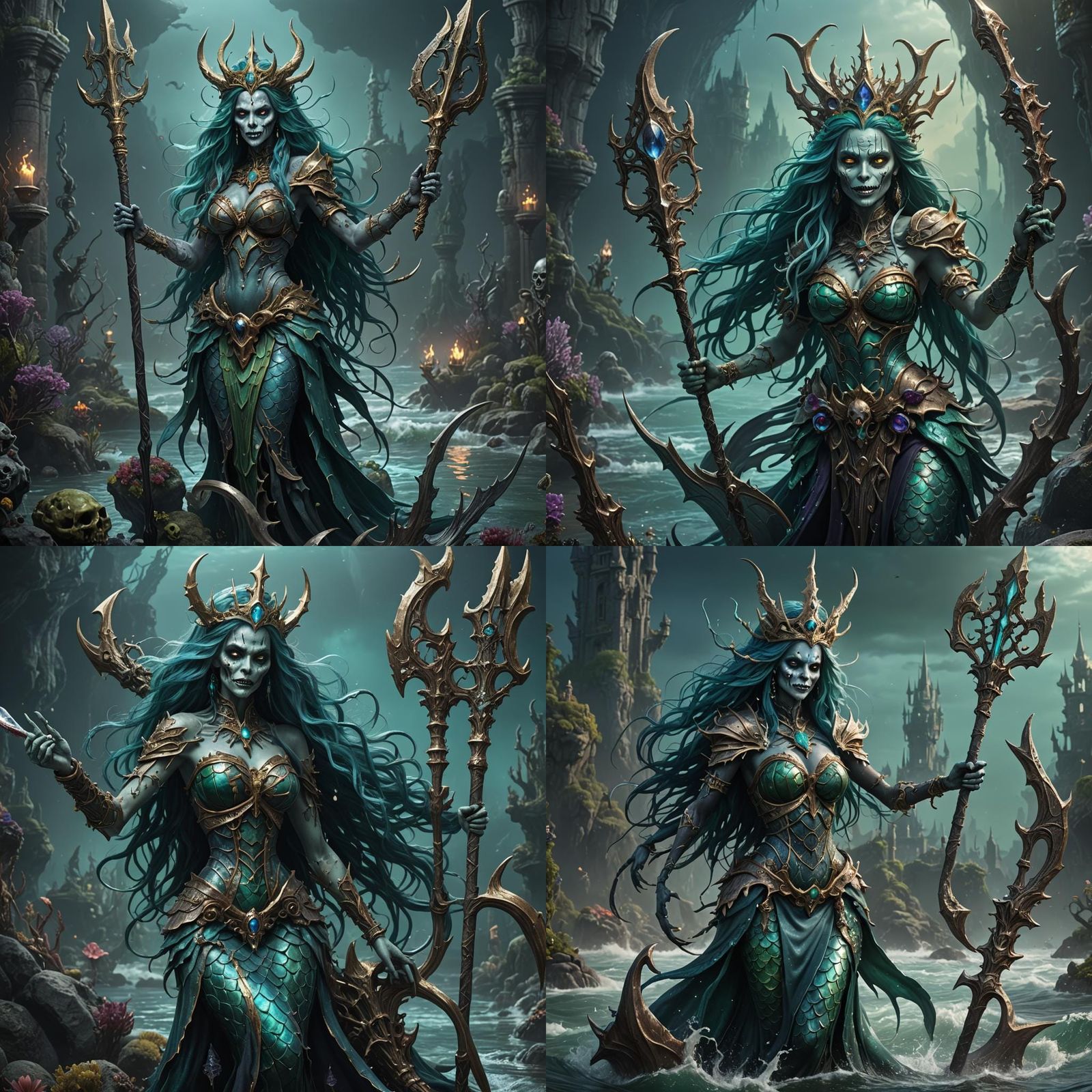 Undead Mermaid Lich with Trident in Detailed Matte Painting