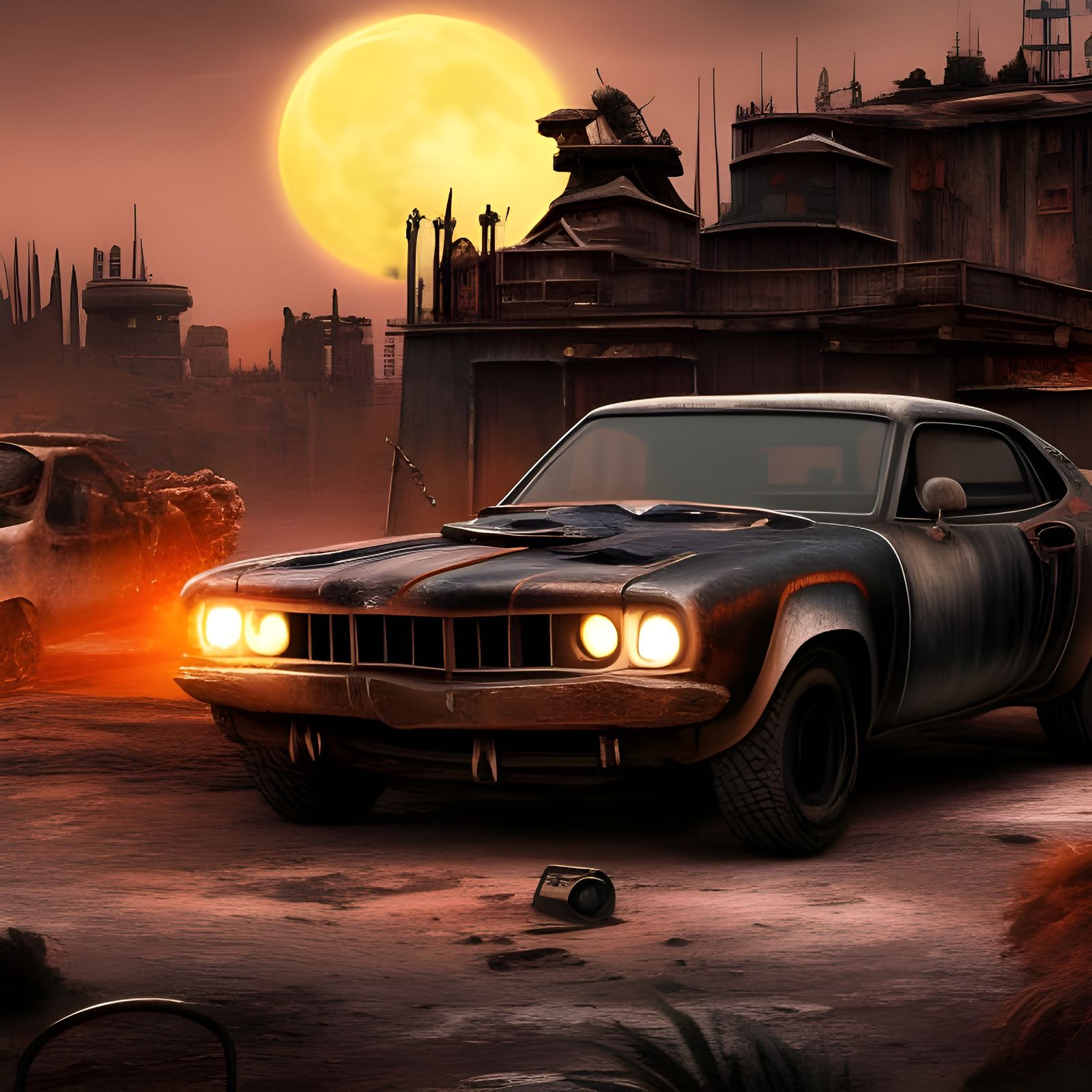 Mad Max Wasteland Car Race in Ink Painting Style