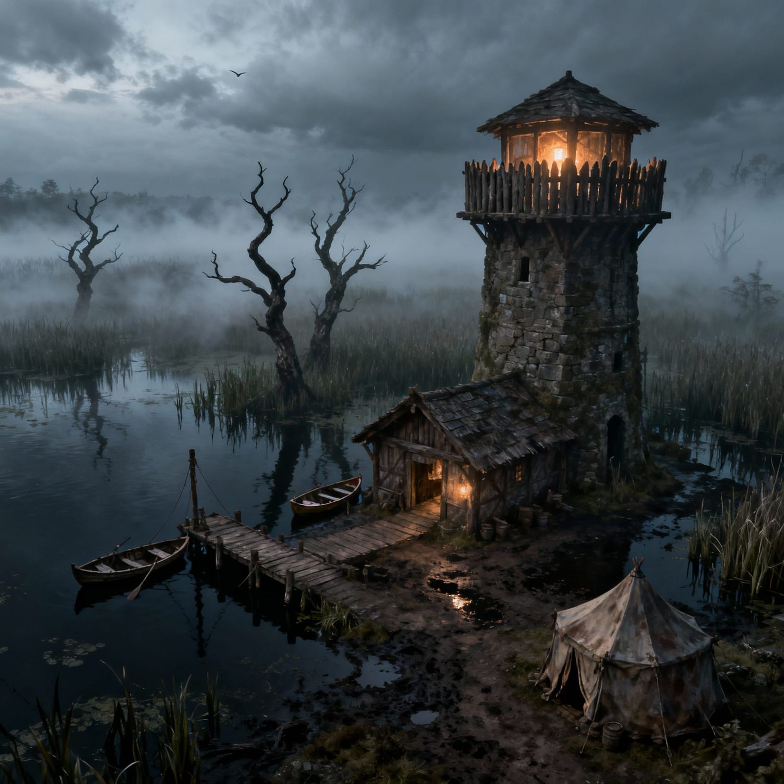 Swamp Frontier Outpost With Glowing Tower, Medieval Fantasy ...