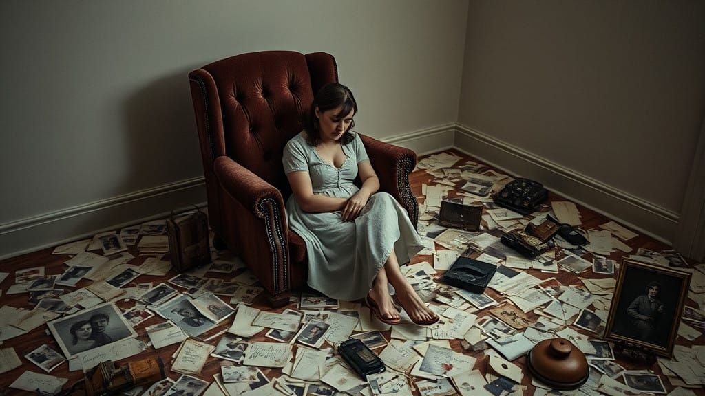 Woman in Introspective Scene with Vintage Photographs and Be...