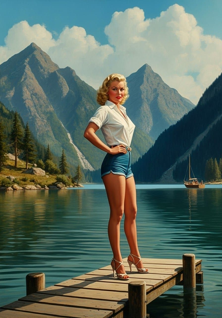 Pin-Up Woman on Dock, Gil Elvgren Style Oil Painting