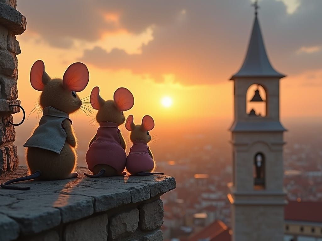 Cozy Mouse Family Watches Sunset from Bell Tower