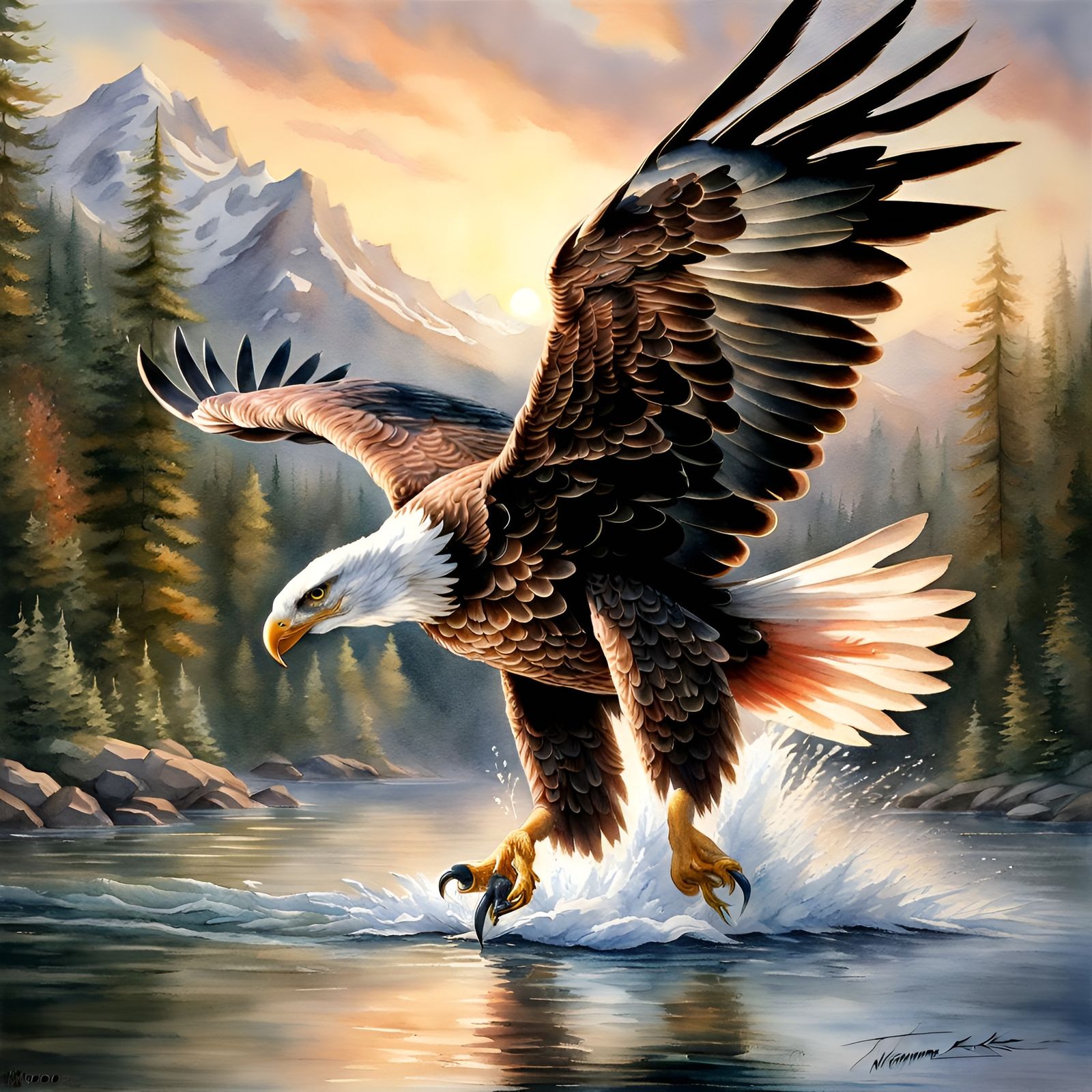 Majestic Eagle Captures Salmon: Watercolor Painting