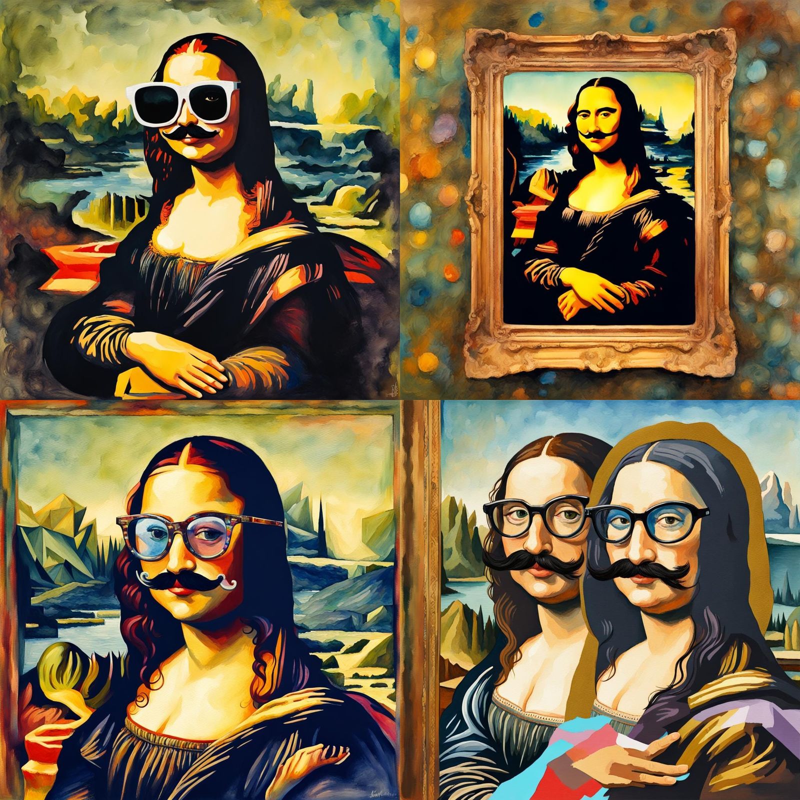 Humorous Mona Lisa with Mustache in Gouache Style