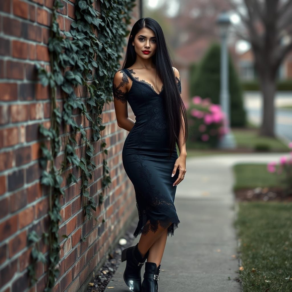 Gothic Woman in Jewel-Toned Dress Against Brick Wall