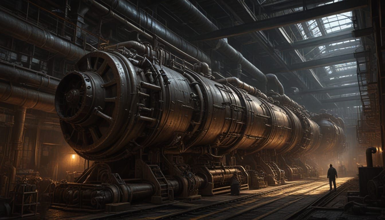 Engineer Inspects Massive Engine Room in Gritty Digital Pain...