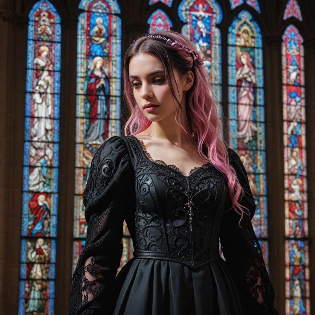 Gothic Woman in Cathedral with Stained Glass