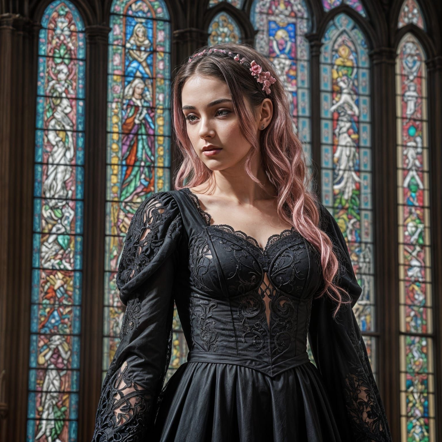 Ethereal Woman in Abandoned Cathedral, Gothic Art