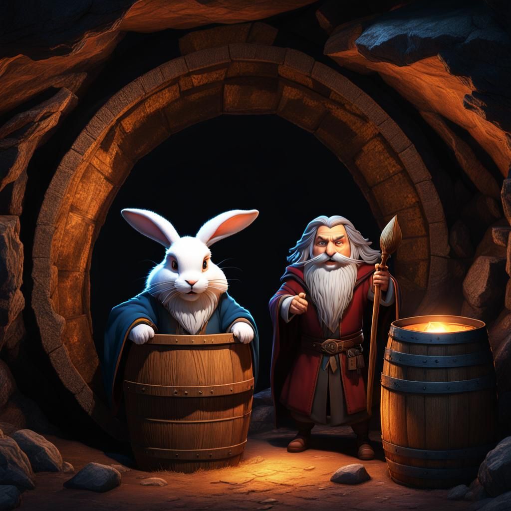 Hobbit Cleric and Rabbit Wizard in Cave