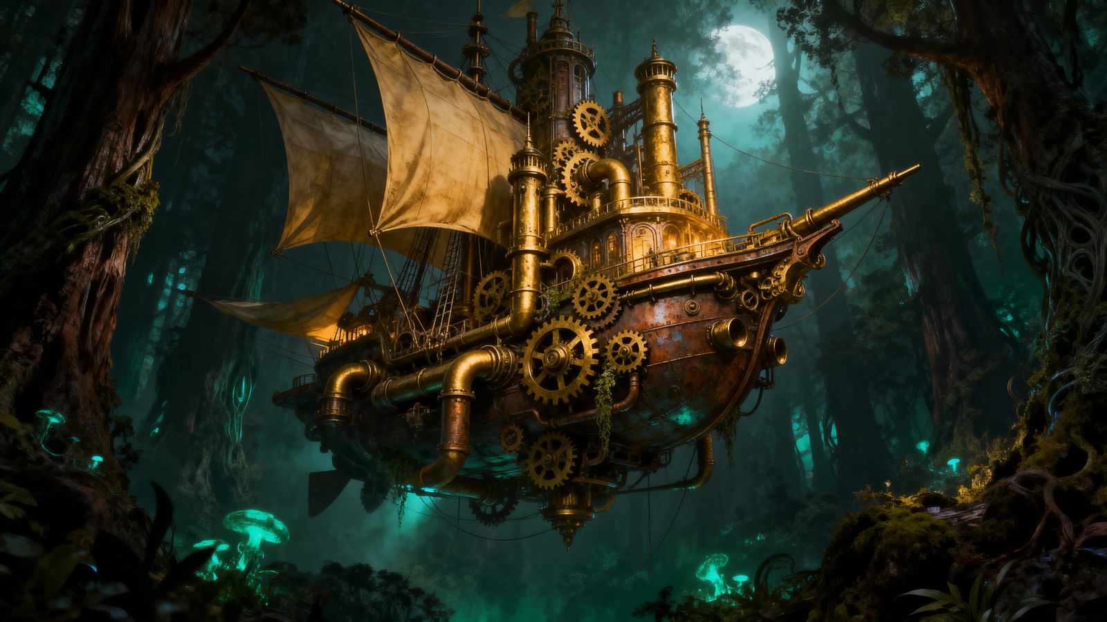 Steampunk Airship Castle Over Dark Forest