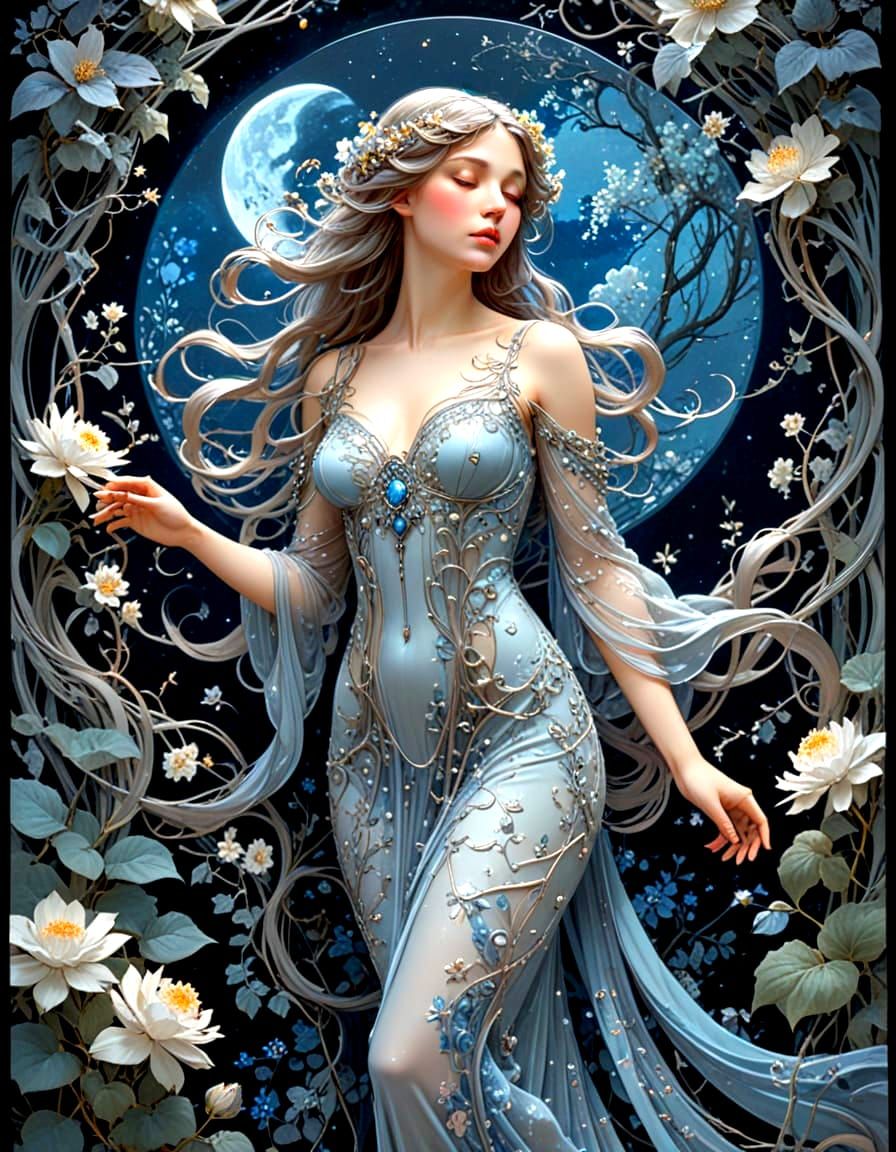 Art Nouveau Nymph in Moonlit Garden