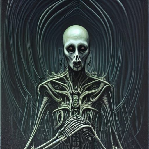 Ethereal Goth Fashion Model in Giger-Inspired Biomechanical...