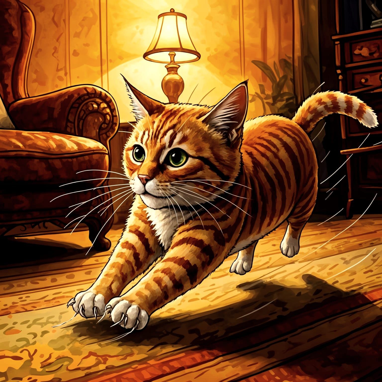 Orange Tabby Cat Zoomies, Beatrix Potter Style