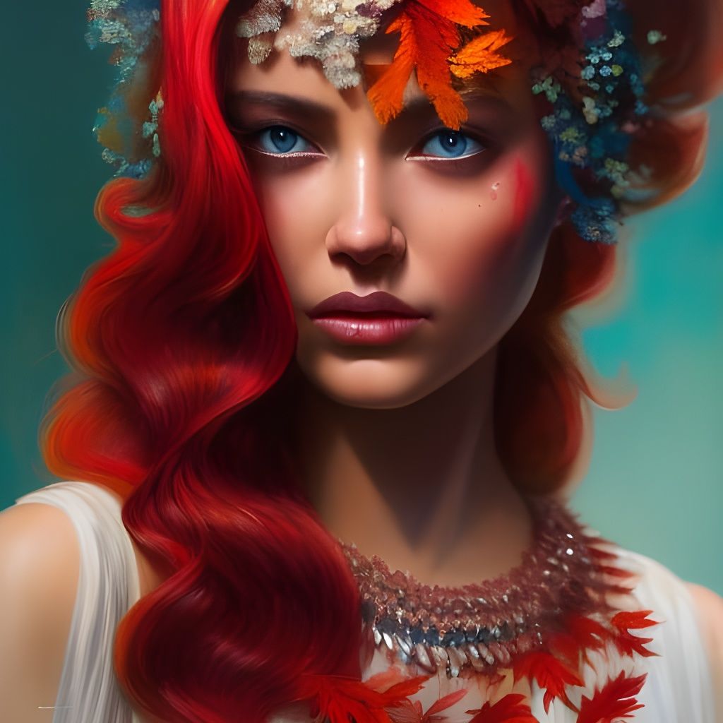 Brunette Girl Portrait with Autumn Leaves, Detailed Matte Pa...