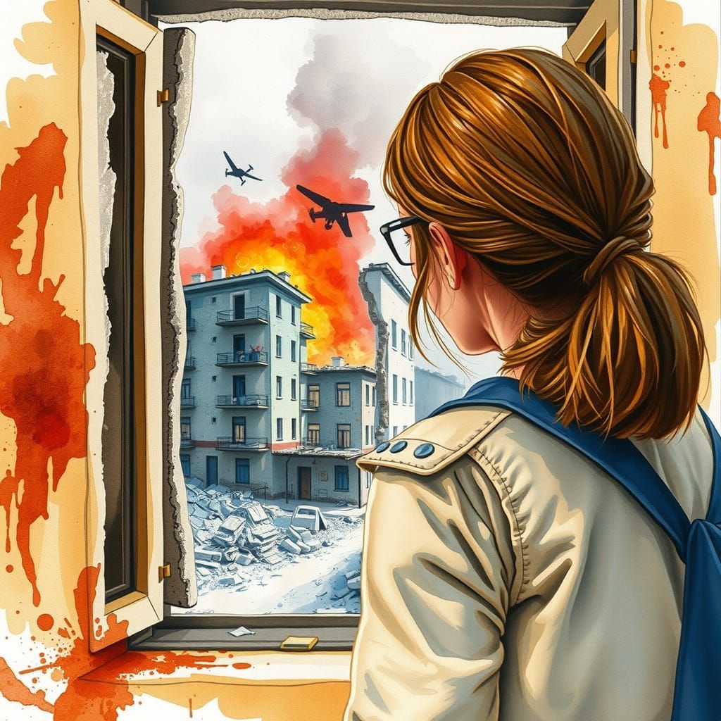 Terrified Ukrainian Woman in Ruins, Watercolor Art