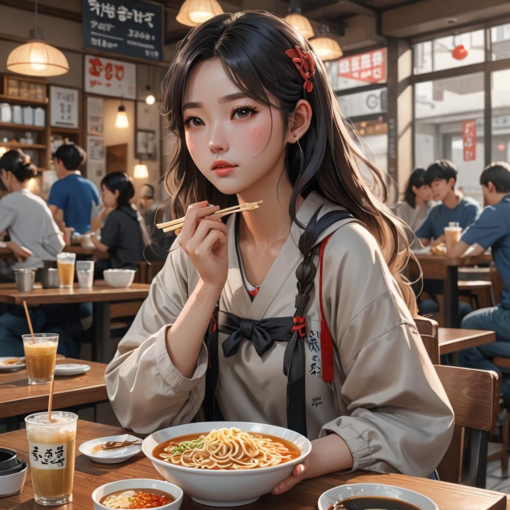 Korean Girl Eating Ramen: 3D Anime Art