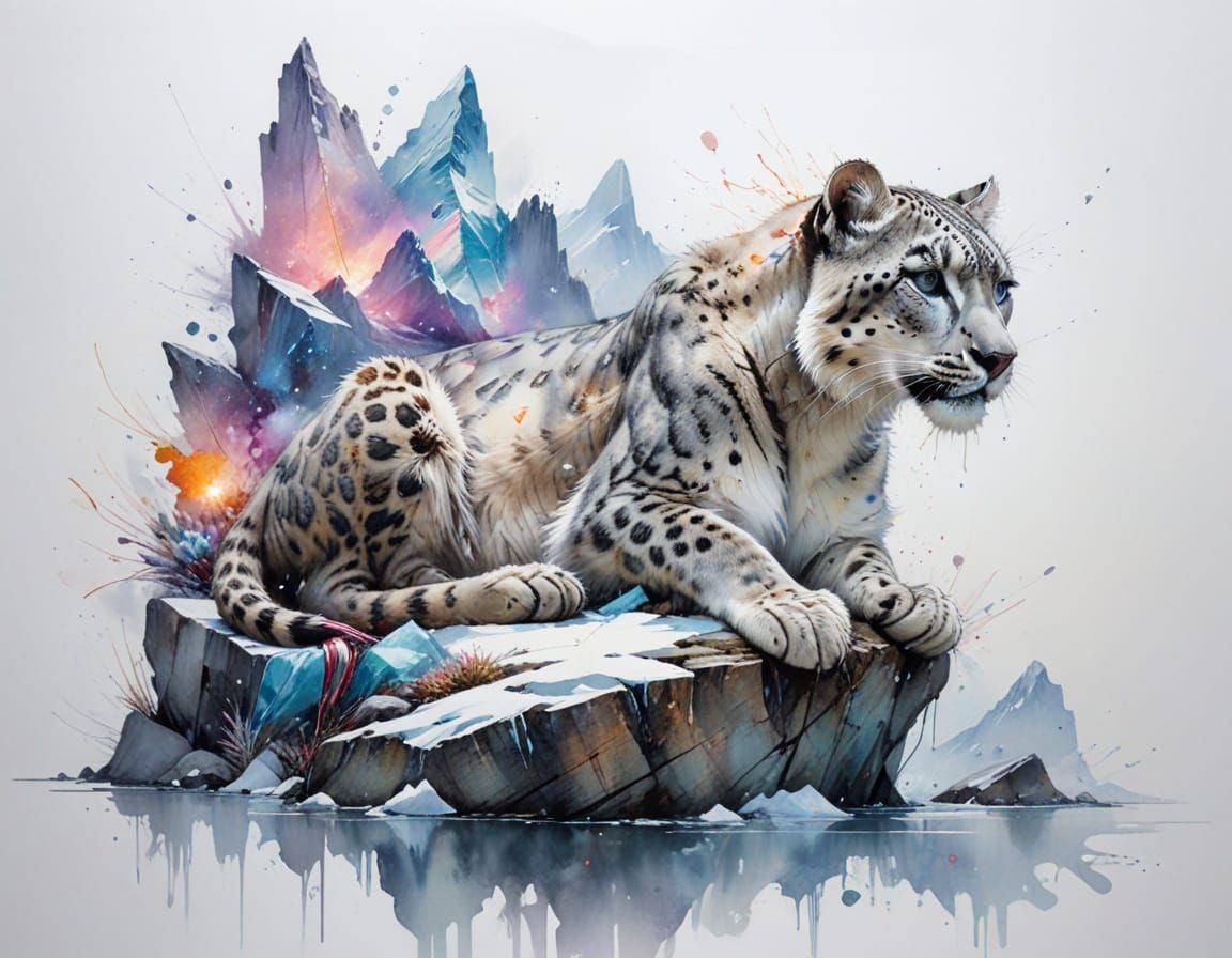 Snow Leopard on Himalayan Cliff with Aurora