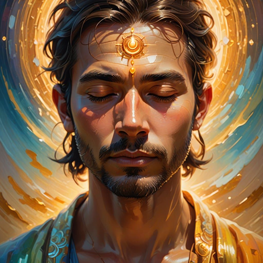 Meditating Figure with Radiating Heart in Oil Painting