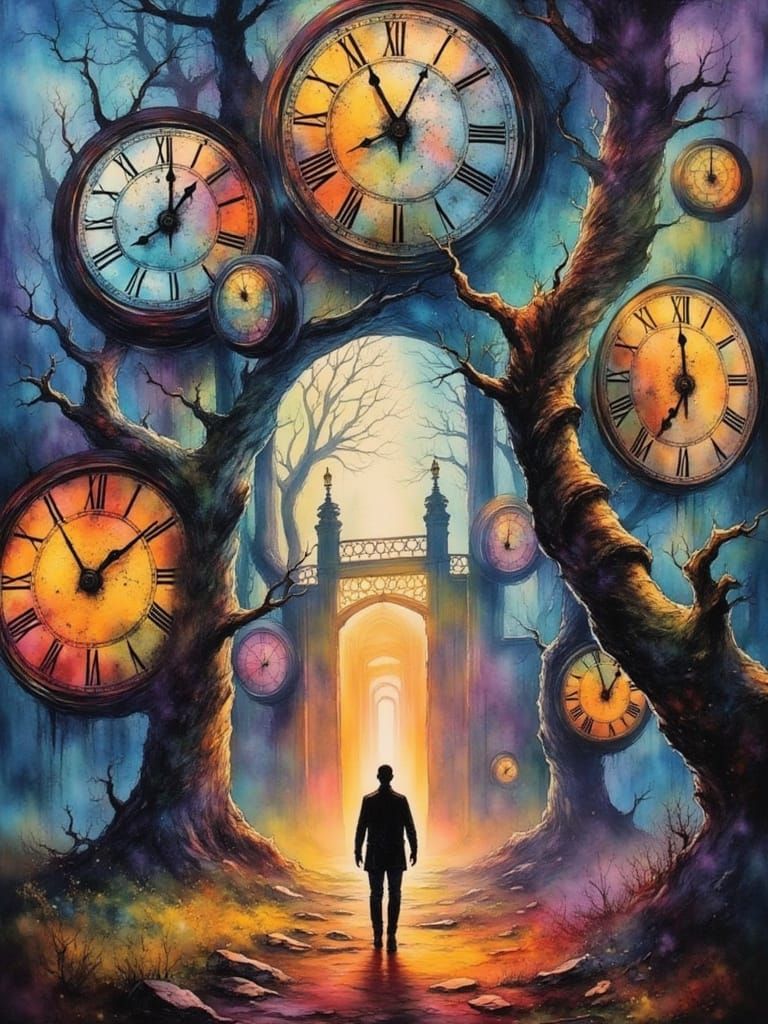 A man walks beneath numerous large, aged clocks hanging prec...