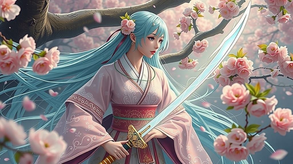 Cyberpunk-Inspired Cherry Blossom Goddess with Glowing Samur...