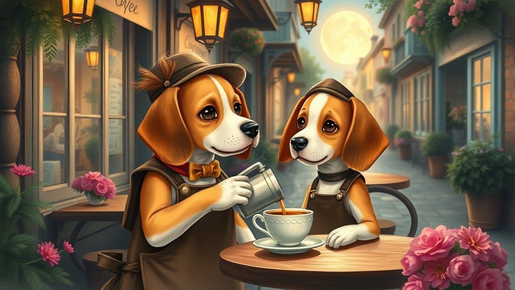 Charming Beagle Barista Under Full Moon