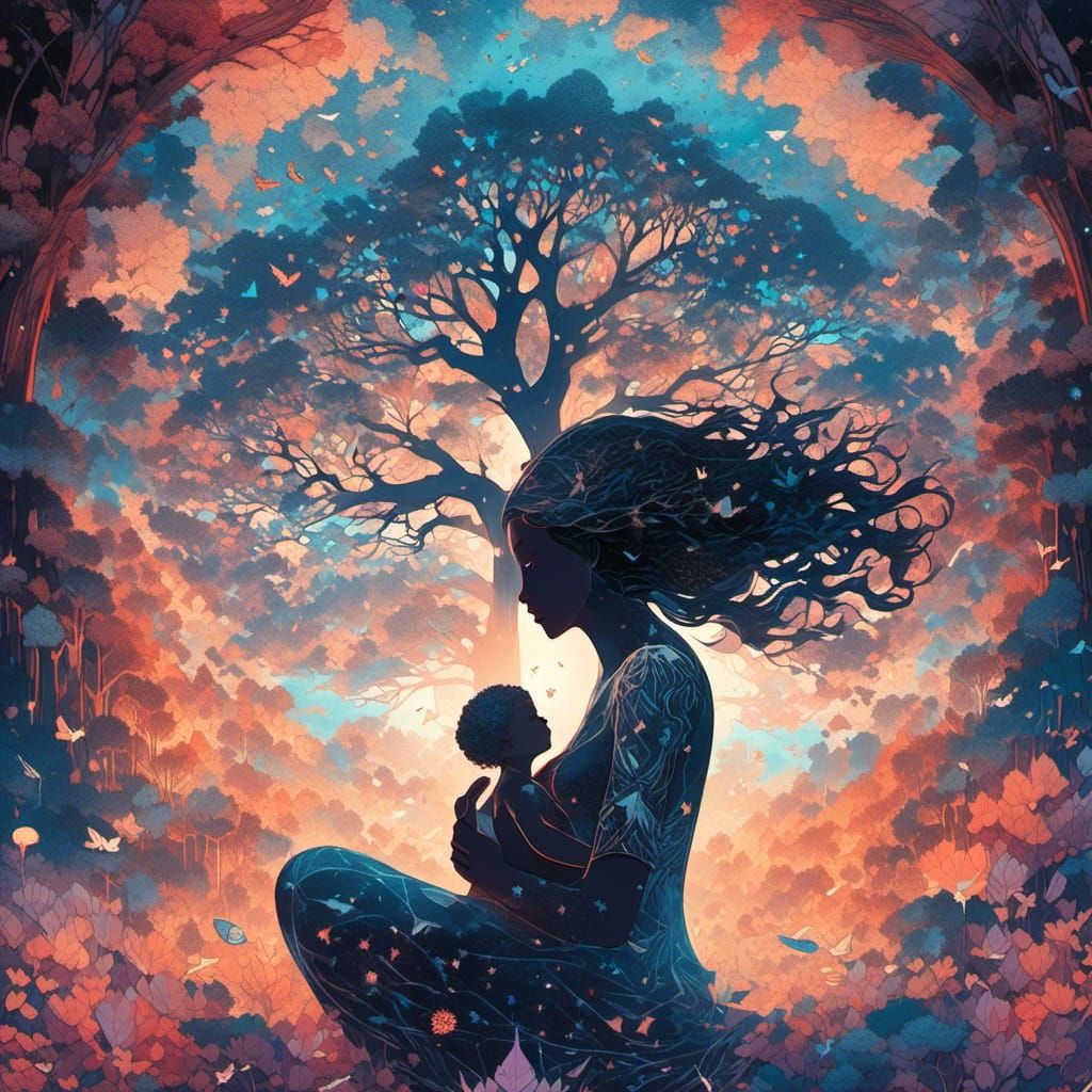 Silhouette Mother's Love Under Tree of Life