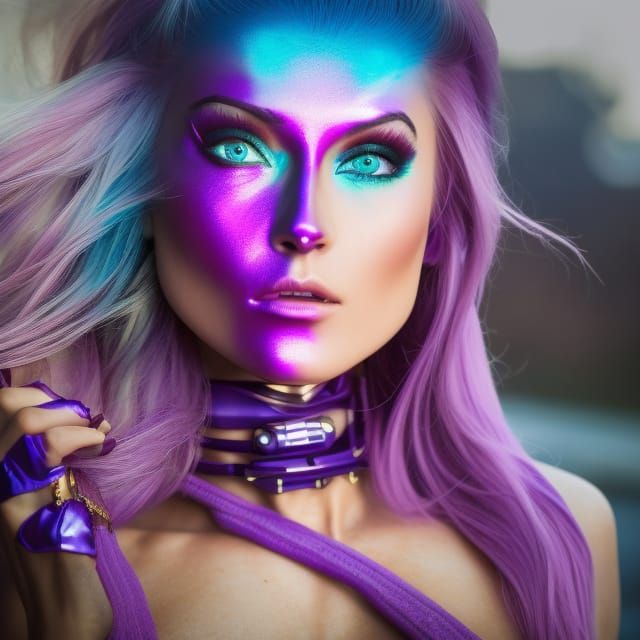 Macro lens, young woman „pamela Reif“ fitness influencer as alien with „purple-red-skin“, extravagant, royalty, high-cl...
