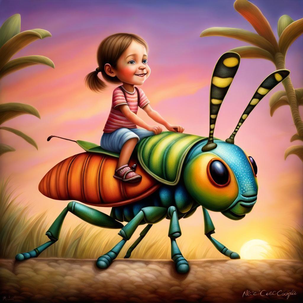 Girl Rides Giant Grasshopper at Sunset: Pixar Style