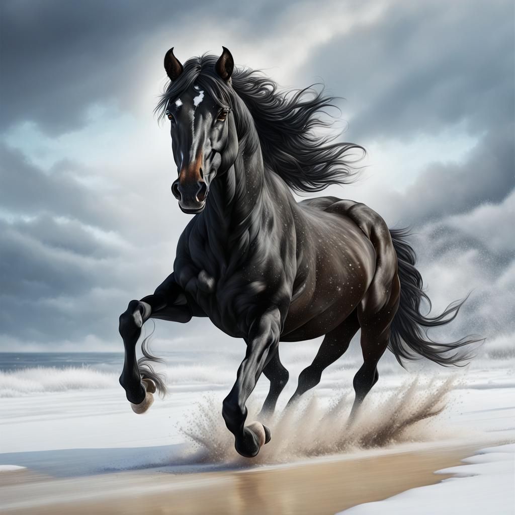 Hyperrealistic Black Horse Galloping on Snowy Beach