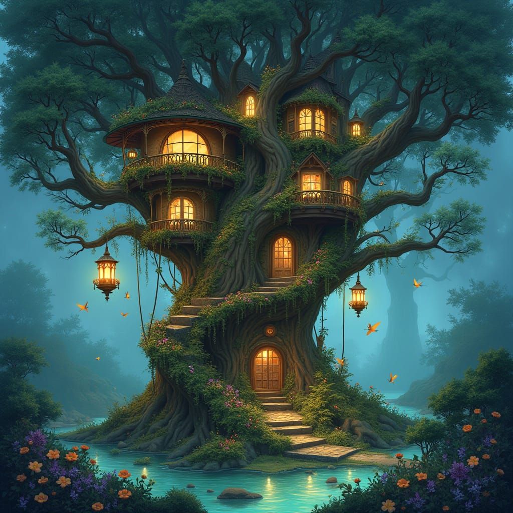 Enchanted Forest Treehouse with Bioluminescent Plants