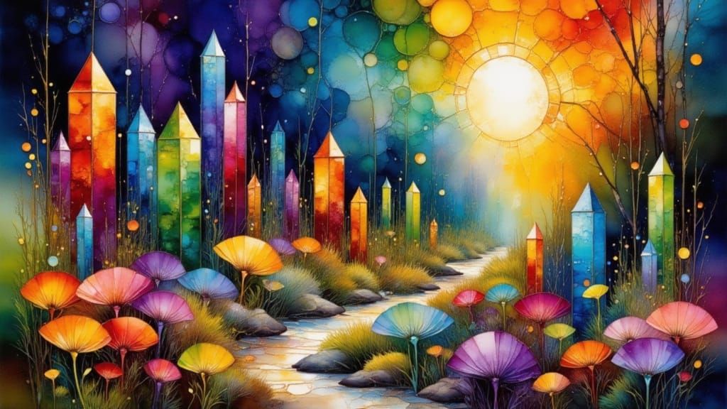 Crystals and Moss Pathway in Impressionist Style