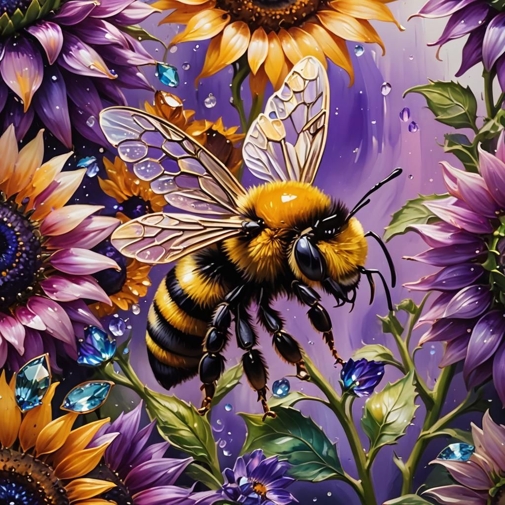 Diamond Bumble Bee on Purple Sunflower: Oil Painting