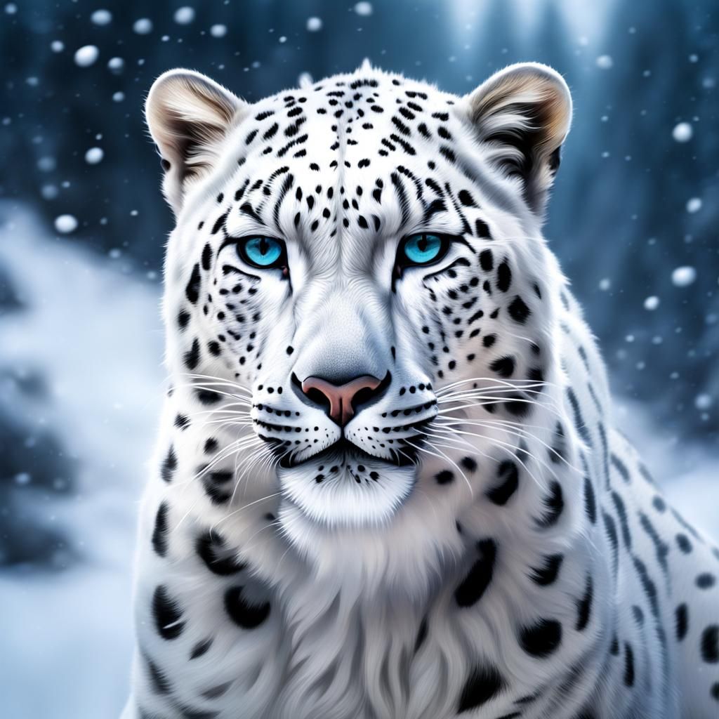 Humanoid White Leopard in Snowy Mountains, Hyperrealistic Ar...